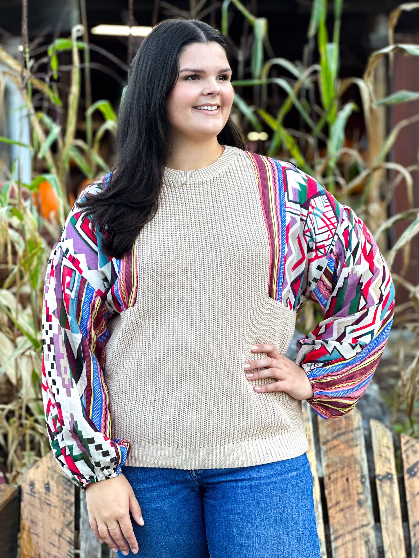 Geo Print Sleeve Sweater Curve