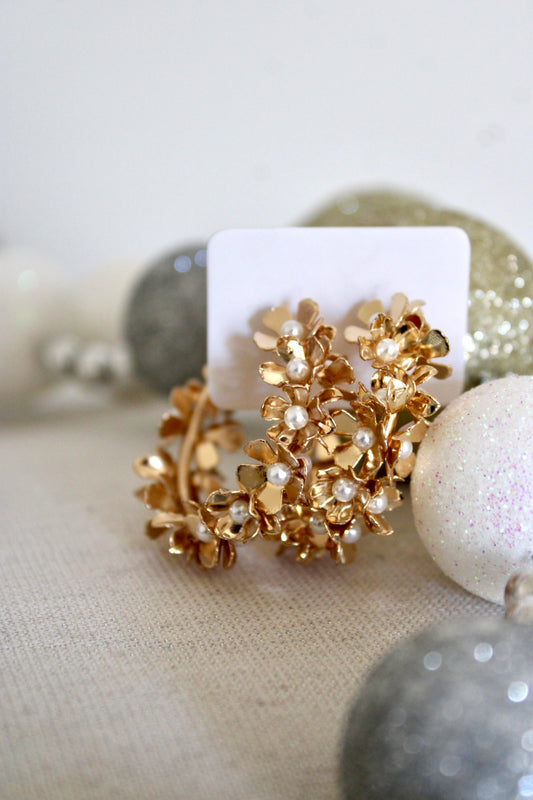 Gold Flower Pearl Hoops