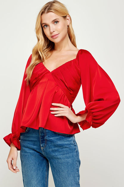 Red Long Sleeve Satin Blouse