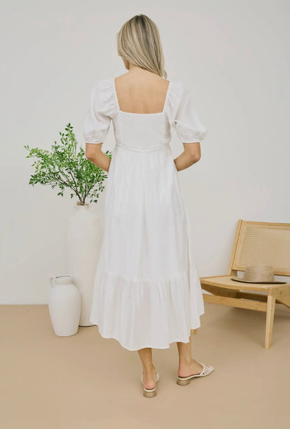 White Puff Sleeve Midi Dress