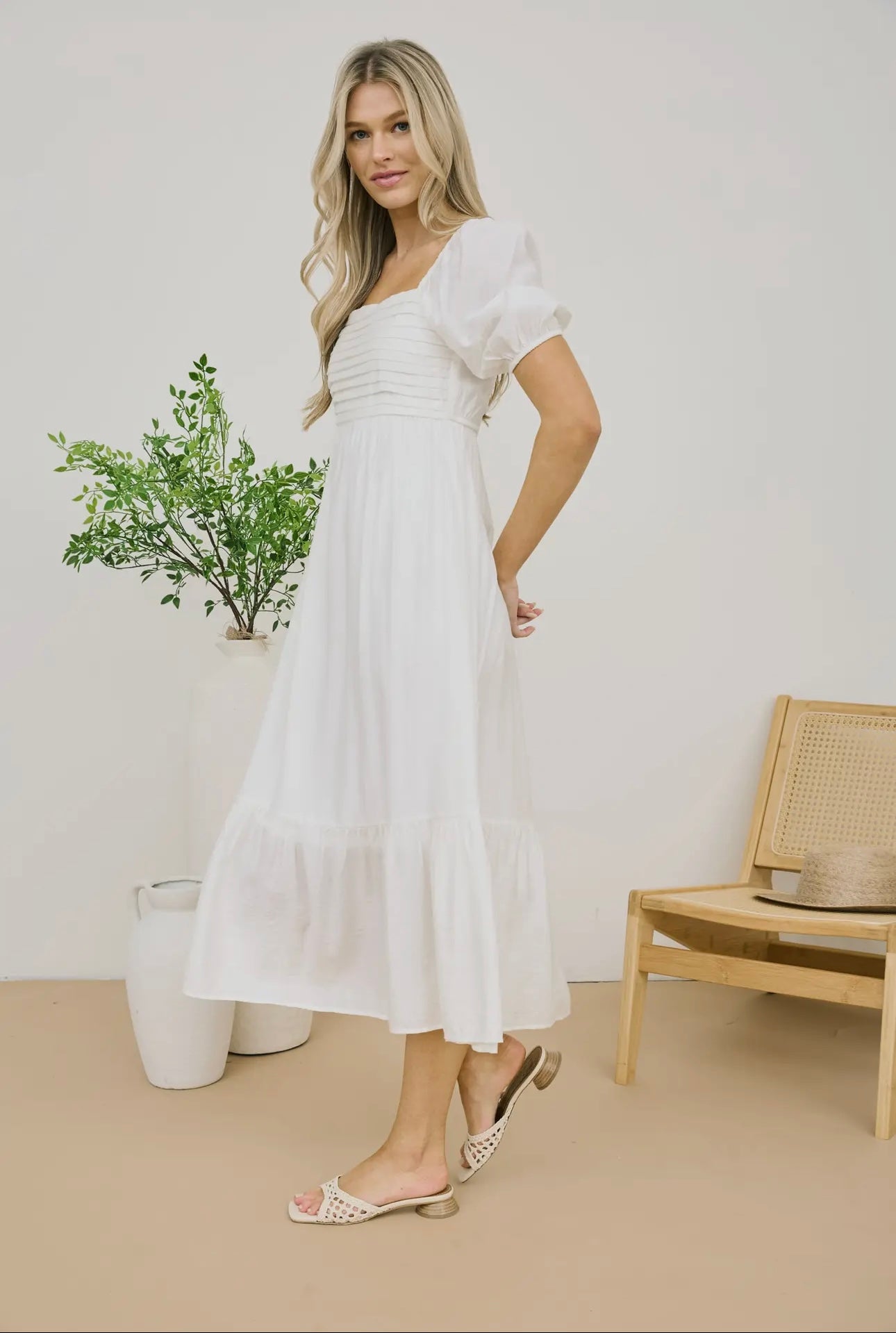 White Puff Sleeve Midi Dress
