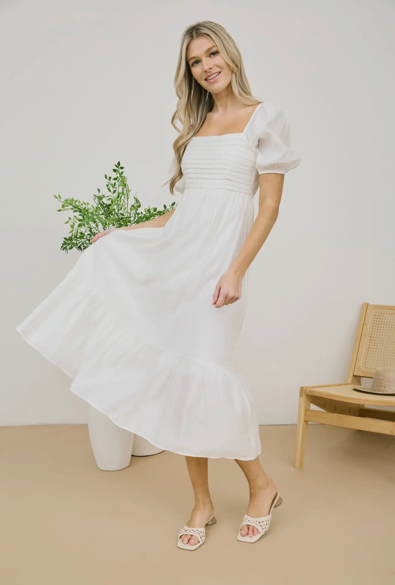 White Puff Sleeve Midi Dress