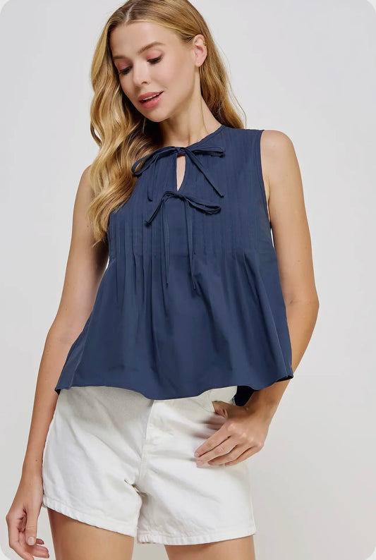 Navy Charm Tie-Front Blouse