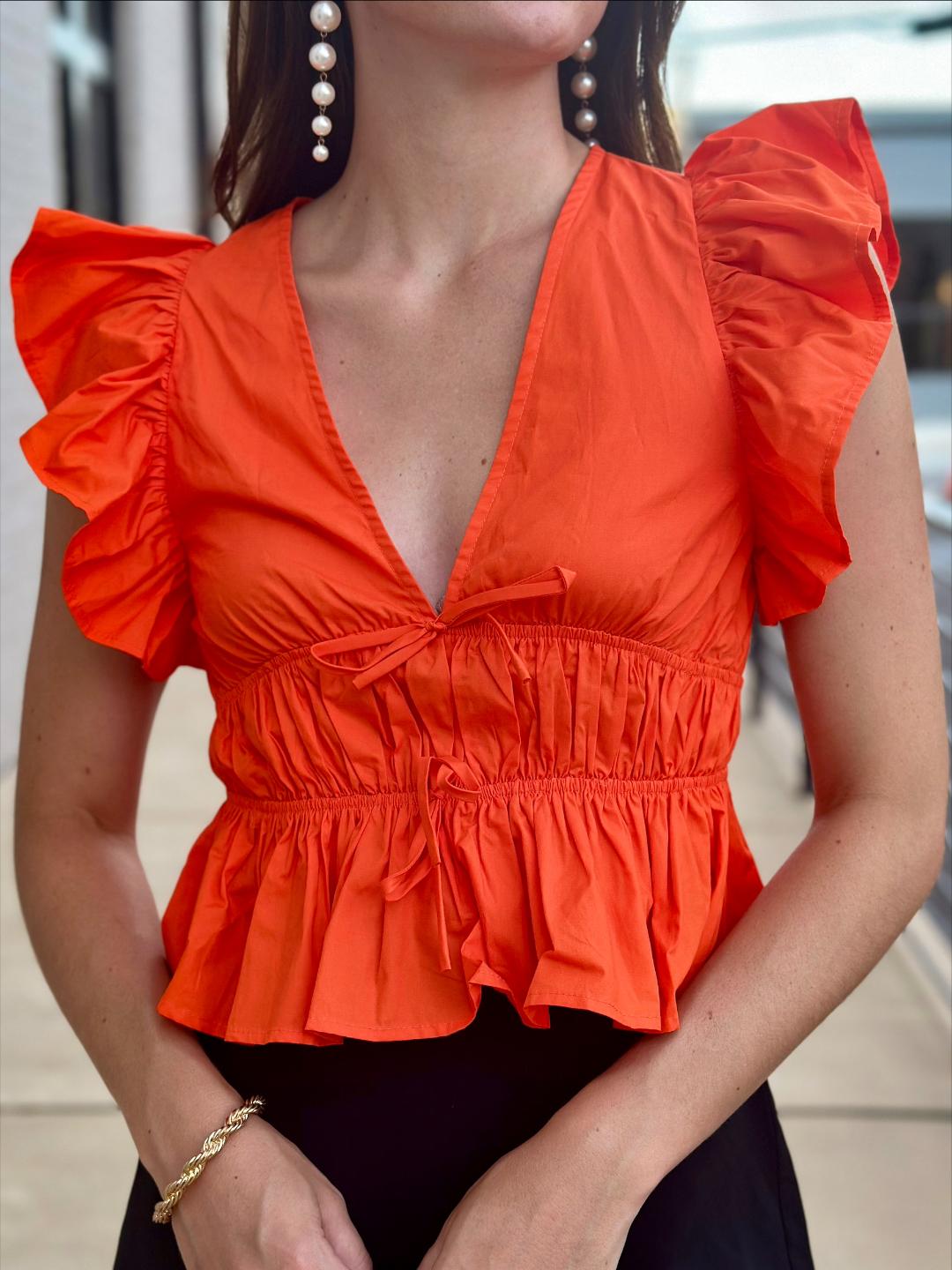 Flounce Sleeve Tie Detail Peplum Top